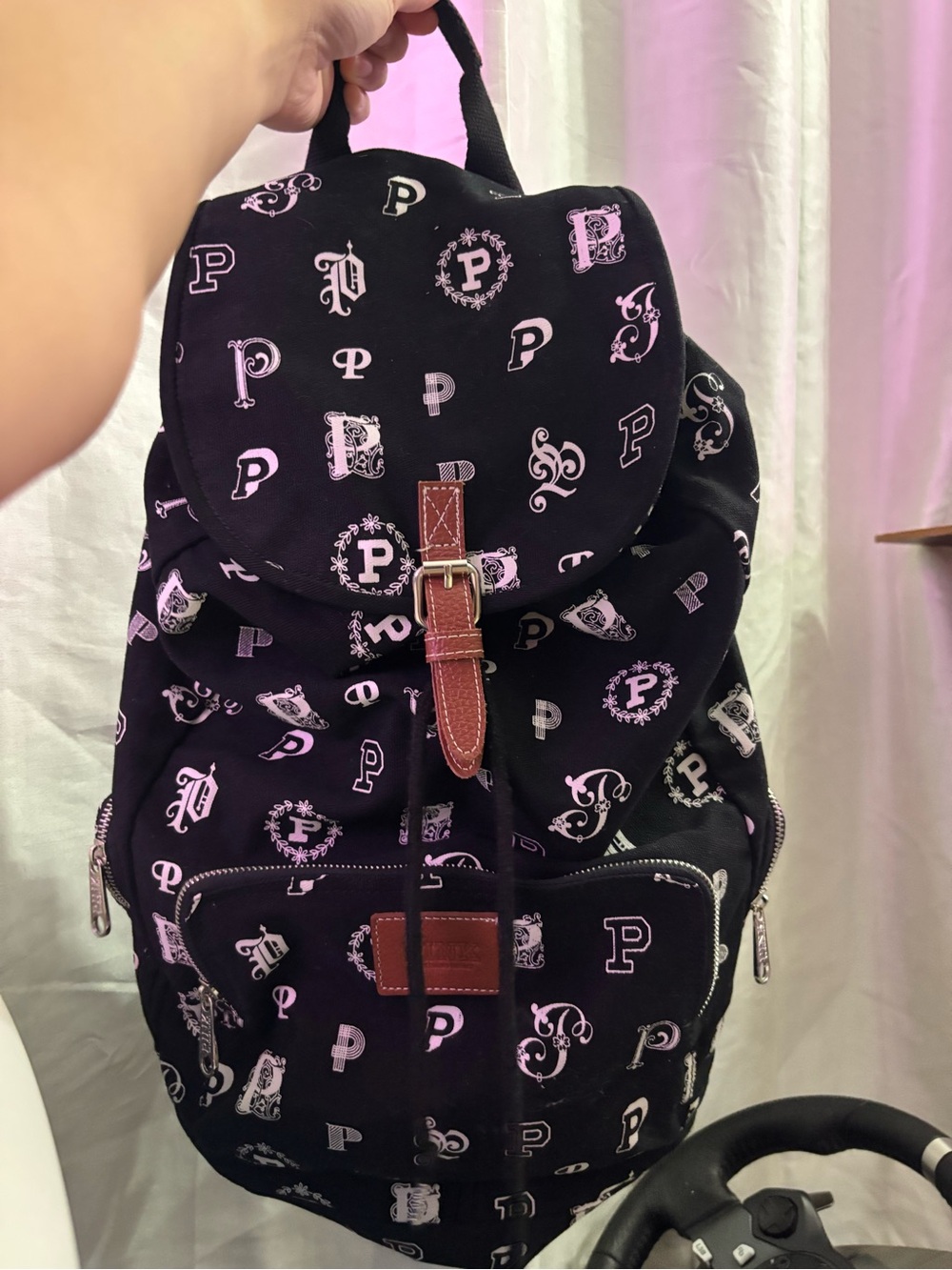 PINK Victoria's Secret Black Canvas Backpack with Pink Logo Print